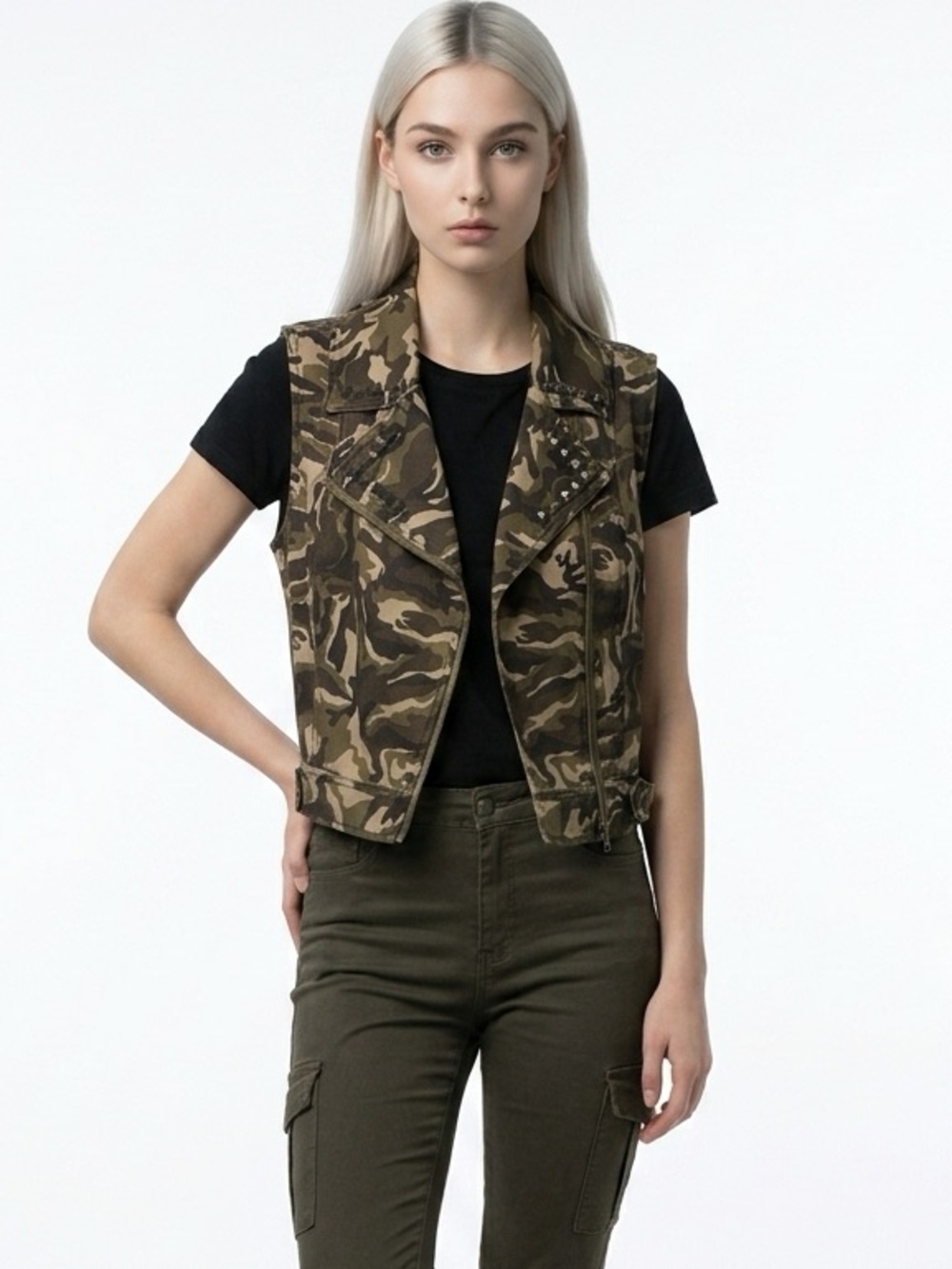Source Unknown Women’s Camouflage Studded Zip Vest - Green/Brown 313